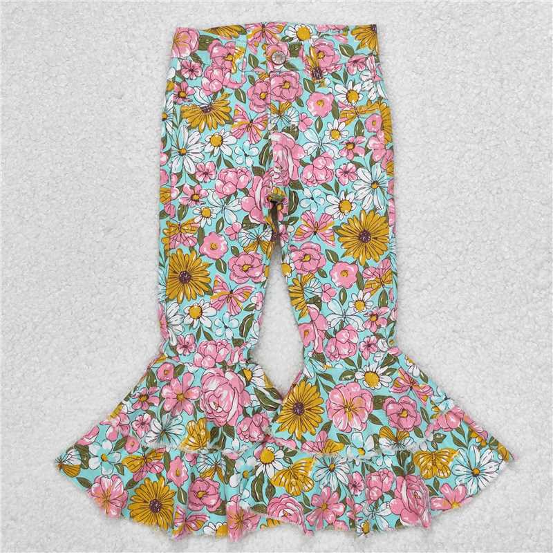 P0633 Baby Girls Fall Pink Flowers Denim Pants Jeans