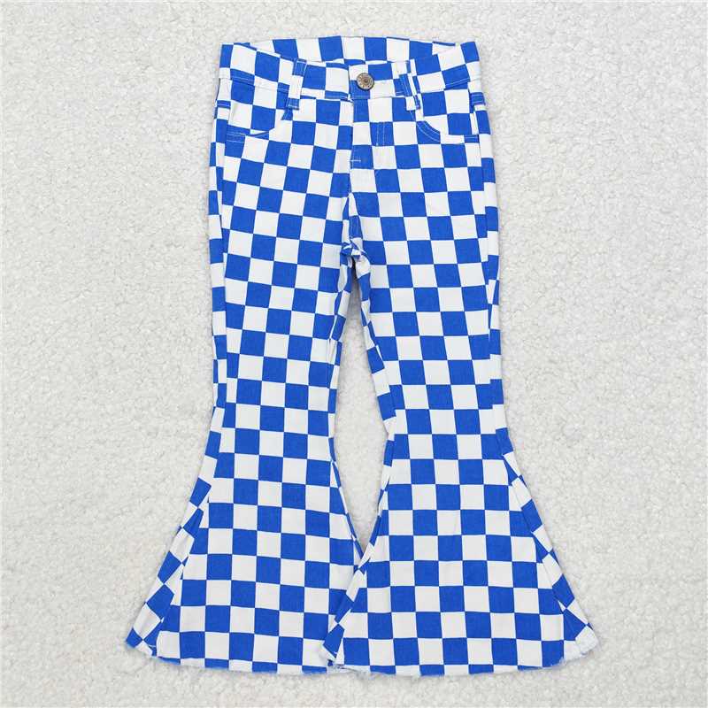 P0610 Baby Girls Blue Checkered Fall Bell Flare Denim Pants