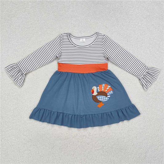 5.15 RTS NO MOQ Baby Girls Long Sleeve GLD0731 Thanksgiving Turkey Knee Length Dresses