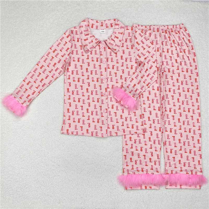 RTS NO MOQ Adult Women Long Sleeve GLP1869 Western Pink Boots Fur Tops Pants Pajamas