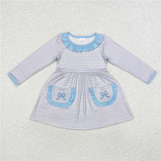 5.15 RTS NO MOQ Baby Girls Long Sleeve GLD0679 Pink Stripes Bows Pockets Knee Length Dresses