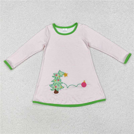 5.15 RTS NO MOQ Baby Girls Long Sleeve GLD0704 Christmas Pink Stripes Tree Knee Length Dresses