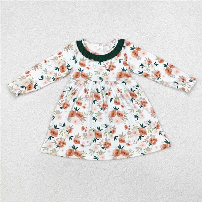 RTS NO MOQ Baby Girls Long Sleeve GLD0690 Green Orange Flowers Fall Knee Length Dresses