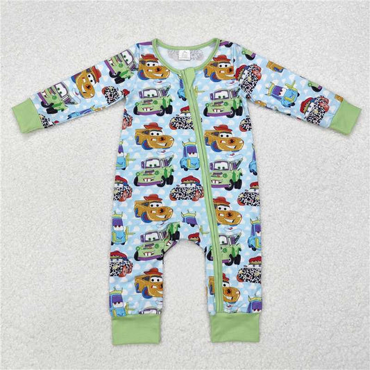 5.15 RTS NO MOQ Baby Boys Bodysuit LR1622 Green Long Sleeve Cars Bamboo Zip Rompers