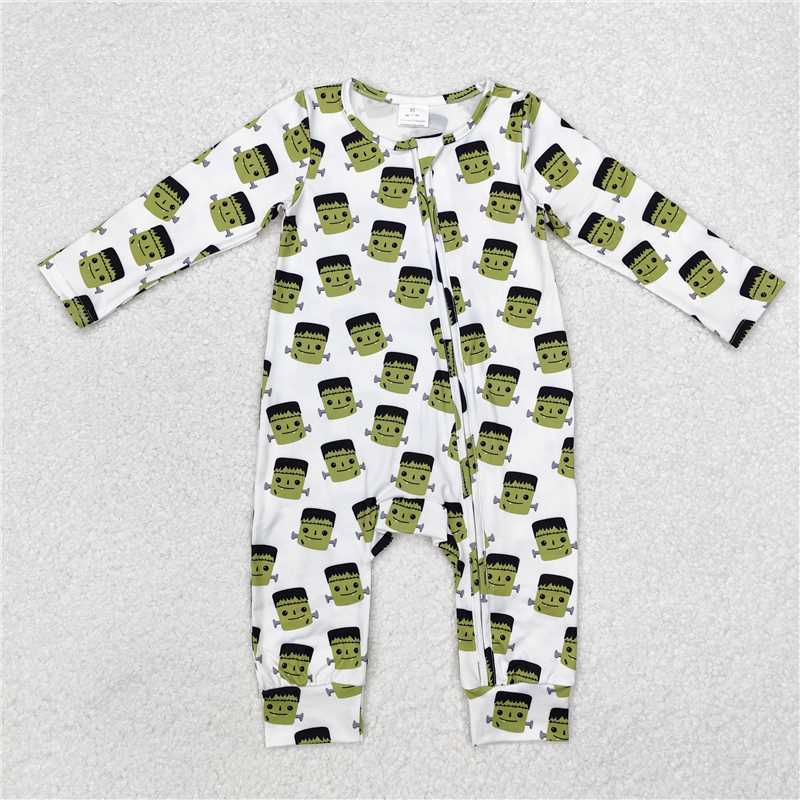 5.13 RTS NO MOQ Baby Boys Bodysuit LR1471 Green Monster Halloween Zip Rompers