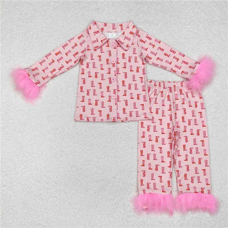 GLP1868 Baby Girls Western Pink Boots Fur Top Pants Pajamas Clothes Sets