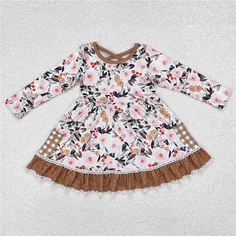 RTS NO MOQ Baby Girls Long Sleeve GLD0530 Fall Pumpkin Ruffle Checkered Knee Length Dresses