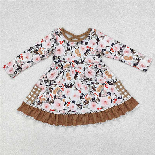 RTS NO MOQ Baby Girls Long Sleeve GLD0530 Fall Pumpkin Ruffle Checkered Knee Length Dresses