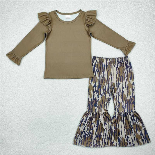 RTS NO MOQ Baby Girls Long Sleeve Outfits GLP2003 Green Top Bottomland Camo Bell Pants Clothes Sets
