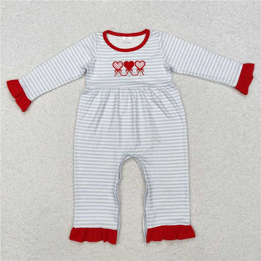 5.14 RTS NO MOQ Baby Girls Bodysuit LR1925 Valentines Grey Stripes Hearts Rompers