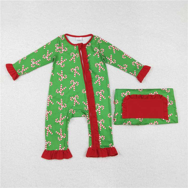 RTS NO MOQ Baby Girls Bodysuit LR1236 Christmas Candy Cane Long Sleeve Zip Rompers