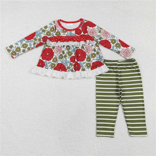 RTS NO MOQ Baby Girls Long Sleeve Outfits GLP2099 Valentinese Red Flowers Tunic Tops Legging Outfits Sets