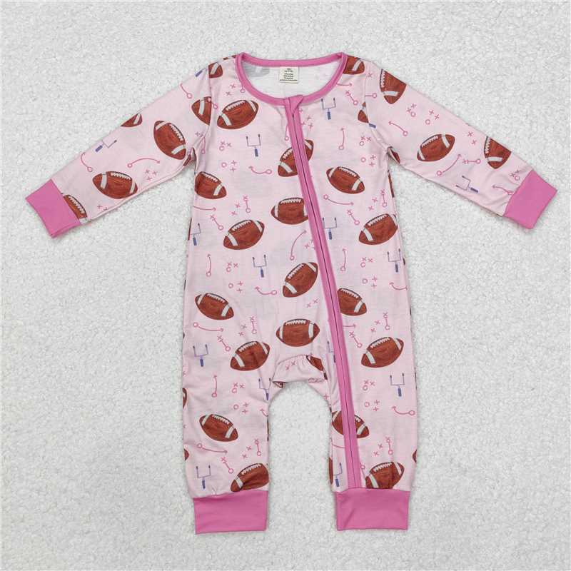 5.19 RTS NO MOQ Baby Girls Bodysuit LR1464 Football Pink Long Sleeve Zip Bamboo Rompers