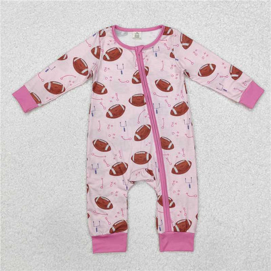 5.19 RTS NO MOQ Baby Girls Bodysuit LR1464 Football Pink Long Sleeve Zip Bamboo Rompers