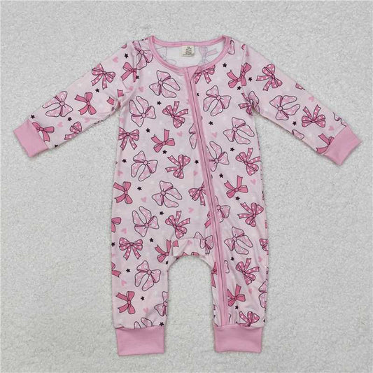 5.19 RTS NO MOQ Baby Girls Bodysuit LR1608 Pink Dots Bows Long Sleeve Zip Rompers