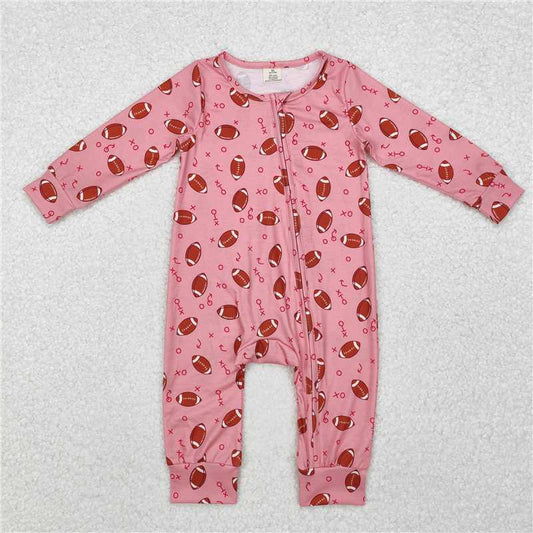 5.19 RTS NO MOQ Baby Girls Bodysuit LR1988 Football Pink Long Sleeve Fall Bamboo Zip Rompers