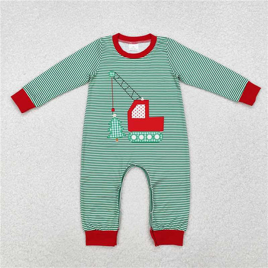 5.13 RTS NO MOQ Baby Boys Bodysuit LR1402 Christmas Green Stripes Construction Tree Rompers