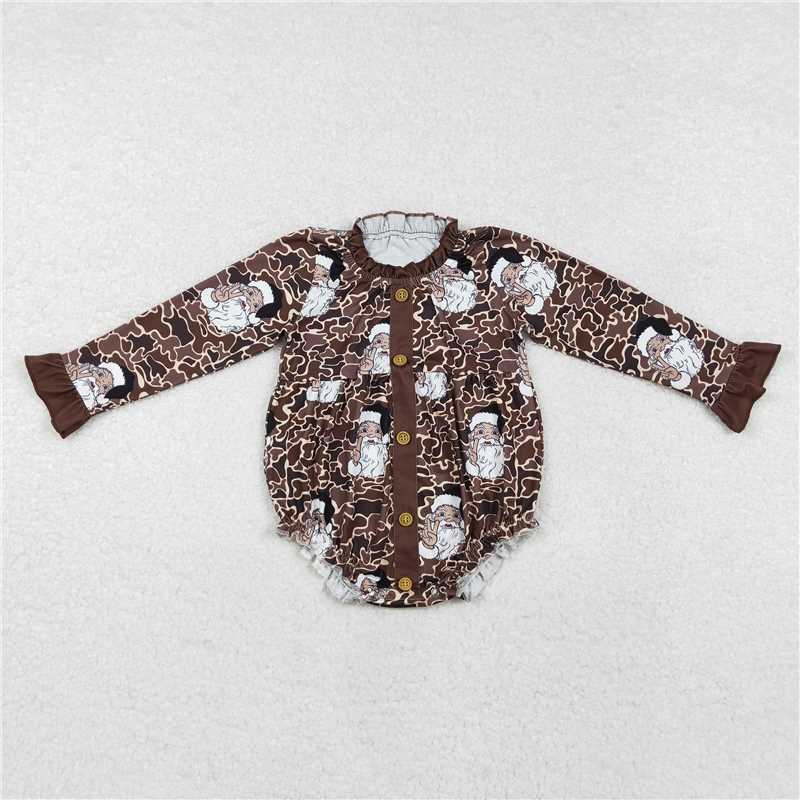 RTS NO MOQ Baby Girls Bodysuit LR1971 Christmas Santa Camo Long Sleeve Ruffle Buttons Rompers