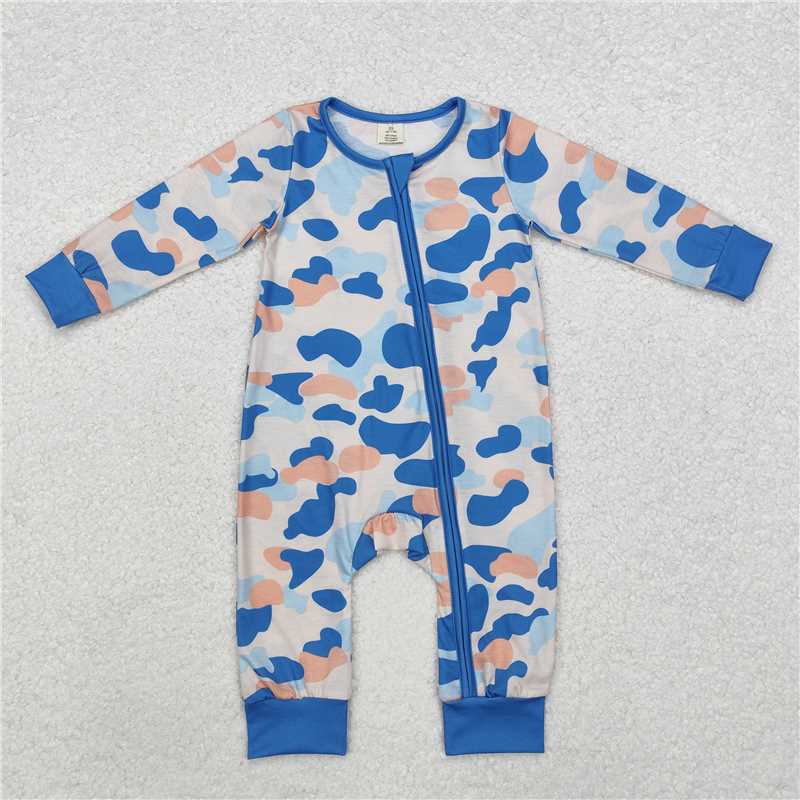5.15 RTS NO MOQ Baby Boys Bodysuit LR1574 Blue Camo Fall Zip Long Sleeve Rompers