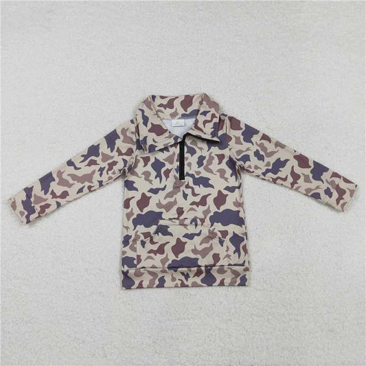 RTS NO MOQ Baby Boys Long Sleeve BT1037 Grey Khaki Camo Zip Pocket Pullovers Tops