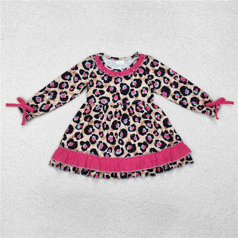 RTS NO MOQ Baby Girls Long Sleeve GLD0832 Pink Leopard Ruffle Knee Length Dresses