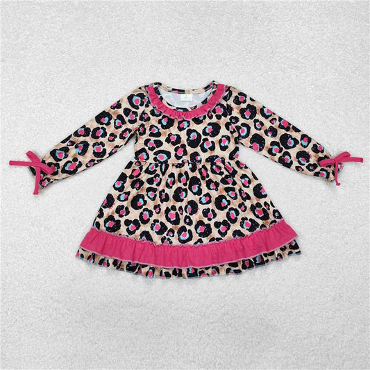 RTS NO MOQ Baby Girls Long Sleeve GLD0832 Pink Leopard Ruffle Knee Length Dresses