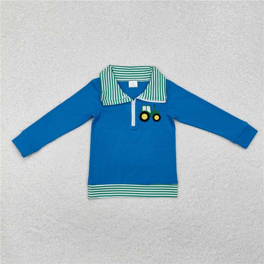 RTS NO MOQ Baby Boys Long Sleeve BT0892 Green Stripe Tractor Zip Pullovers Tops