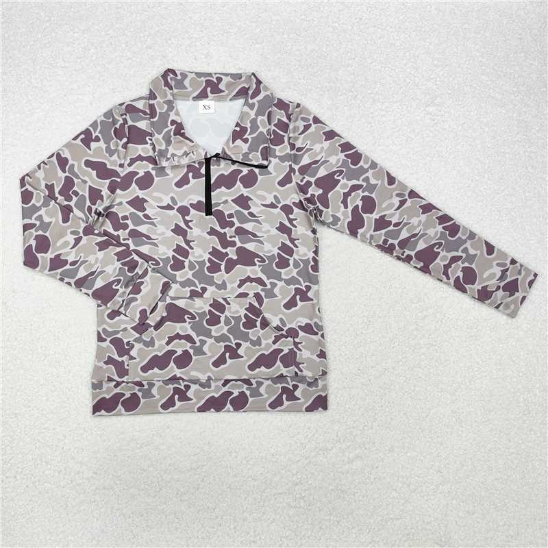 RTS NO MOQ Adult Women Long sleeve GT0827 Dark Grey Camo Long Sleeve Tee Shirts Zip Pullovers Tops