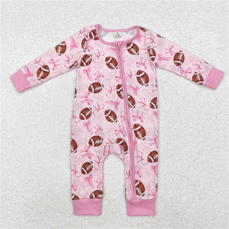 5.19 RTS NO MOQ Baby Girls Bodysuit LR1595 Pink Bows Football Bamboo Zip Rompers