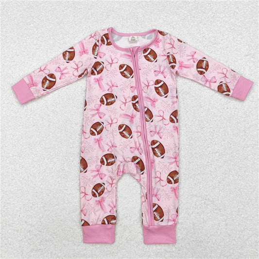 5.19 RTS NO MOQ Baby Girls Bodysuit LR1595 Pink Bows Football Bamboo Zip Rompers