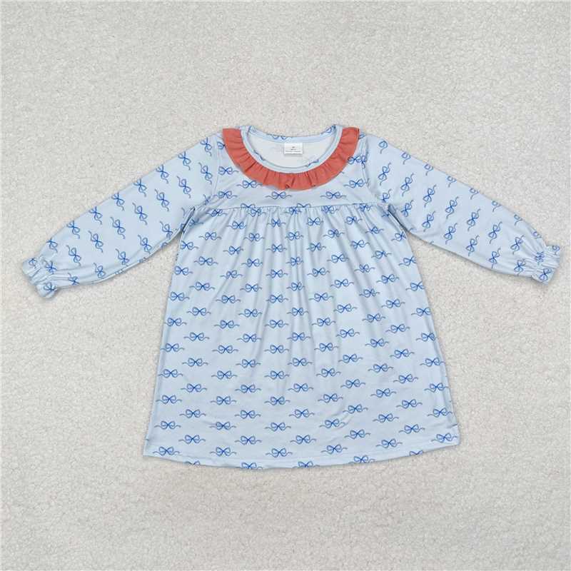 RTS NO MOQ Baby Girls Long Sleeve GLD0865 Light Blue Bows Ruffle Knee Length Dresses