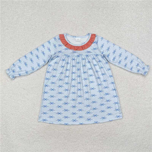 RTS NO MOQ Baby Girls Long Sleeve GLD0865 Light Blue Bows Ruffle Knee Length Dresses