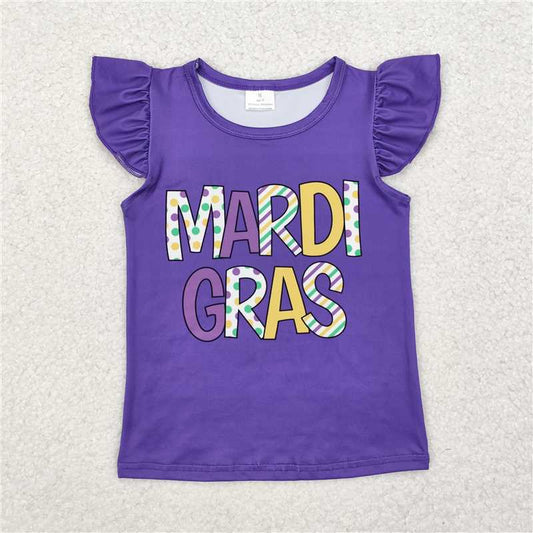 RTS NO MOQ Summer Baby Girls Short Sleeve GT0814 Mardi Gras Purple flutter sleeves Tee Shirts Tops