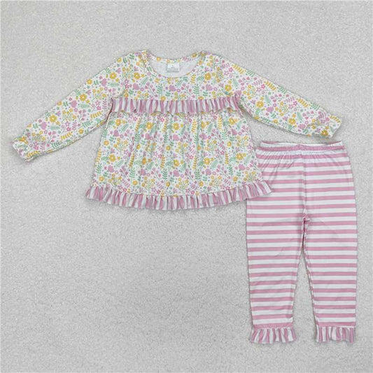 GLP2119 Baby Girls Spring Flowers Ruffle Top Legging Clothes Sets