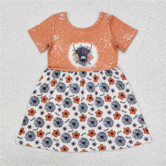 GSD1253 Baby Girls Highland Cow Flowers Short Sleeve Knee Length Dresses