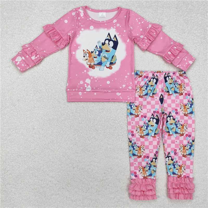 RTS NO MOQ Baby Girls Long Sleeve Outfits GLP2088 Pink Dogs Ruffle Shirt Legging Clothes Sets