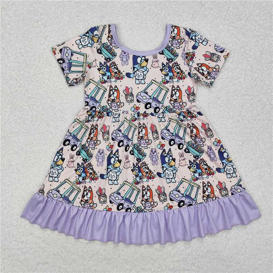 GSD1491 Baby Girls Purple Dog Easter Rabbits Knee Length Dresses