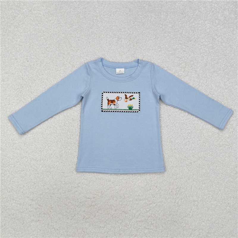 RTS NO MOQ Baby Boys Long Sleeve BT1007 Blue Dog Duck Hunting Tee Shirts Tops