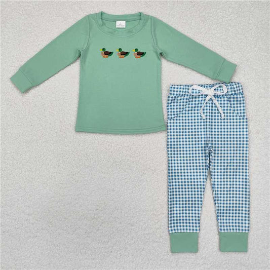 RTS NO MOQ Baby Boys Sets BLP1021 Green Ducks Tee Shirts Top Checkered Pants Clothes Sets