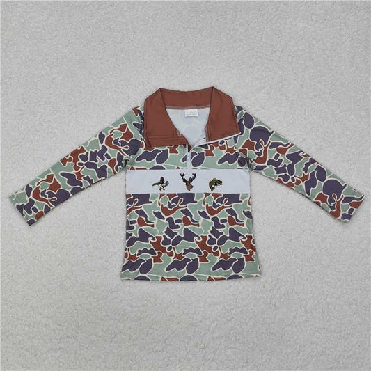 RTS NO MOQ Baby Boys Long Sleeve BT0902 Green Camo Duck Deer Fish Zip Pullovers Tops