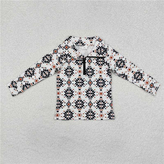 RTS NO MOQ Baby Boys Long Sleeve BT0937 Western White Aztec Zip Quater Pullovers Tops