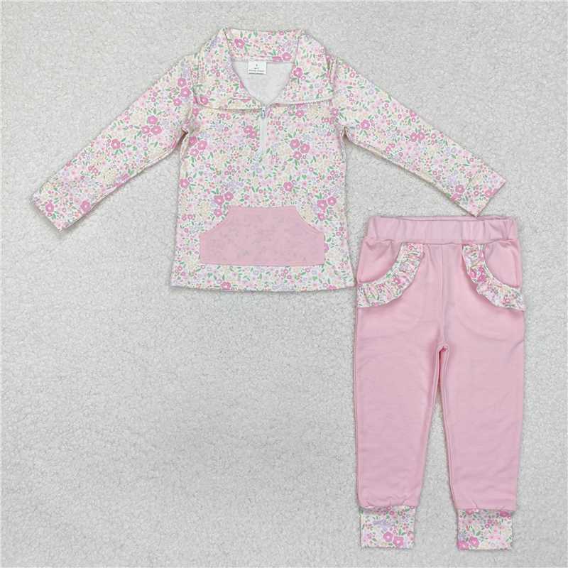 GLP2118 Baby Girls Spring Flowers Pocket Pullovers Legging Clothes Sets