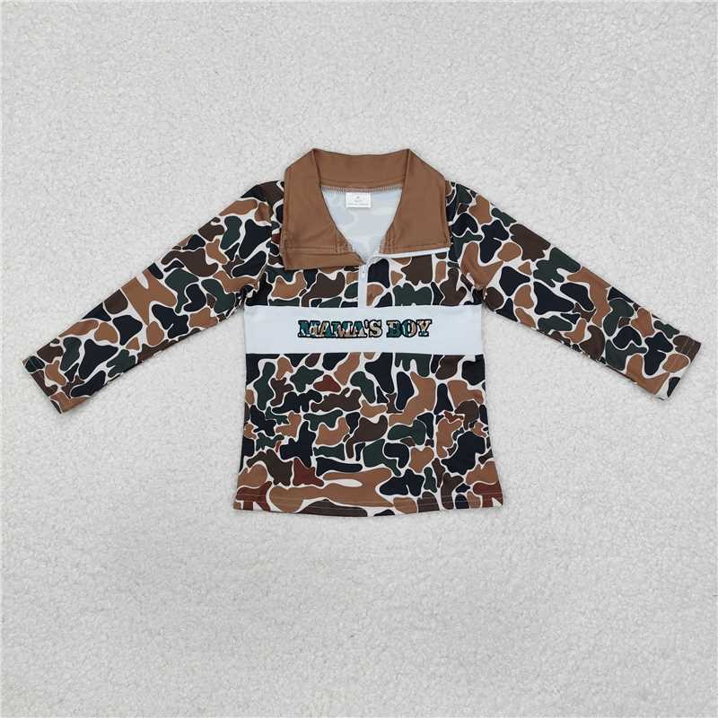 RTS NO MOQ Baby Boys Long Sleeve BT0973 Brown Camo Mama's Boy Zip Pullovers Tops