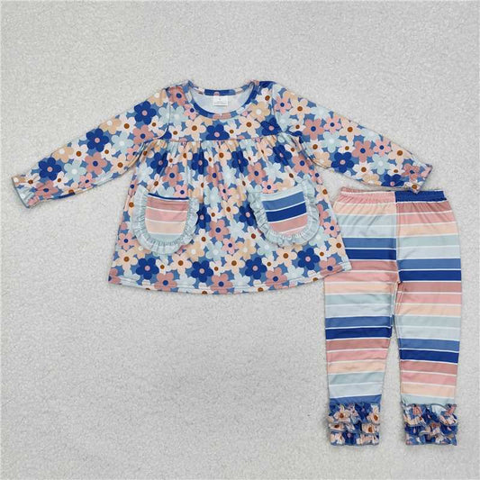 GLP2144 Baby Girls Blue Flowers Pockets Tunic Top Legging Clothes Sets