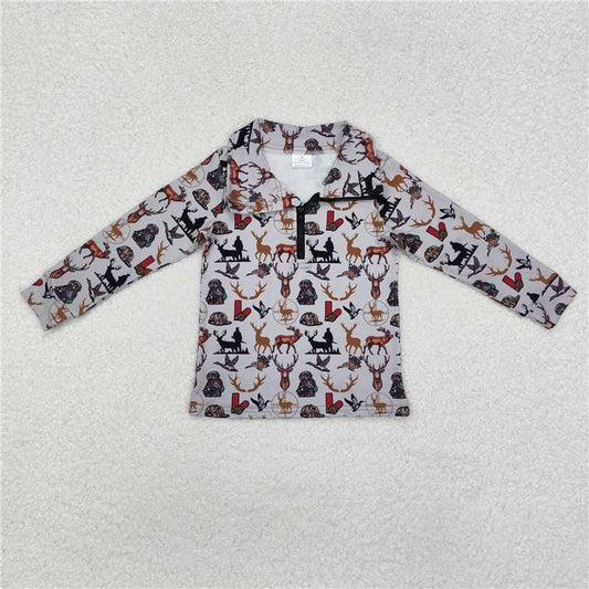 RTS NO MOQ Baby Boys Long Sleeve BT0954 Dog Deer Camo Zip Pullovers Tops