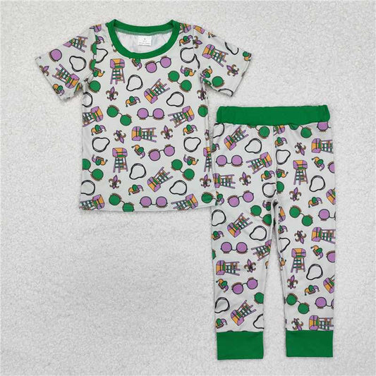 RTS NO MOQ Baby Boys Summer Sets BSPO0495 Green Mardi Gras Top Pants Pajamas Clothes Sets