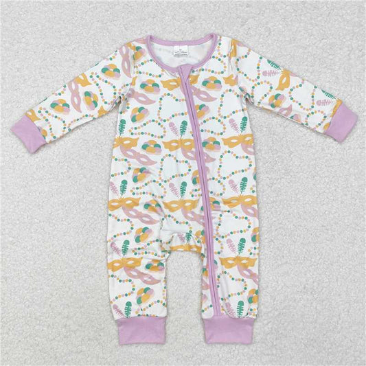 RTS NO MOQ Baby Girls Bodysuit LR2097 Mardi Gras Masks Lavender Long Sleeve Zip Rompers