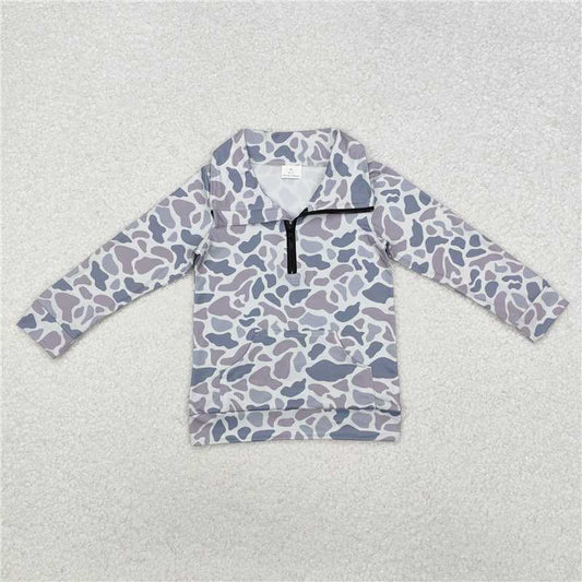RTS NO MOQ Baby Boys Long Sleeve BT1041 Grey Camo Zip Pocket Pullovers Tops