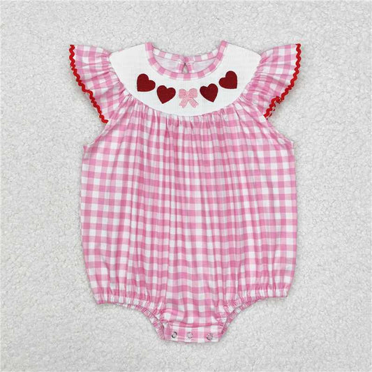 7.11 RTS NO MOQ Summer Baby Girls Bodysuit SR2214 Valentines Hearts Bow Checkered Smocked Rompers
