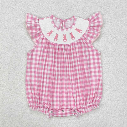 7.11 RTS NO MOQ Summer Baby Girls Bodysuit SR2215 Easter Rabbits Checkered Smocked Rompers